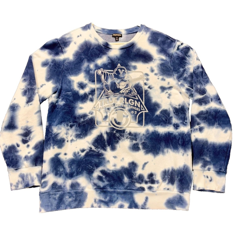 True Religion Sweatshirt Mens Large Blue Tie Dye Buddha Graphic Fleece‎ Pullover